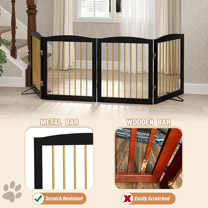 Freestanding Pet Gate for Dogs, Foldable Wooden Dog Gate for House, Indoor Dog Gate for Stairs, Doorways, Step Over Pet Puppy Safety Fence, 80 Inch Wide, 4 Panels 24", Black & Gold-PurrikoPets