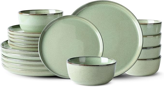 GBHOME Ceramic Dinnerware Sets for 6, 18 Pieces Stoneware Plates and Bowls Sets, Scratch Resistant Dishes, Dishwasher & Microwave Safe-Pastel Green-PurrikoPets