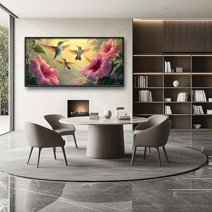 Framed Large Hummingbird Wall Art for Living Room, Oversized Rustic Bird Flower Wall Decor Floral Canvas Painting Nature Sunrise Pictures Modern Artwork for Bedroom Office Dinging Room 60"x30"-PurrikoPets