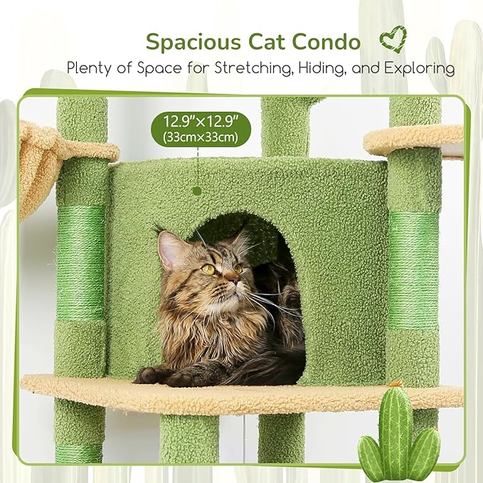 Globlazer Cactus Corner Cat Tree Tower with Scratching Post for Indoor Cats, 51in Multi-Level Cat Condo Tower with Large Hammock, Fan-Shaped Padded Perch, Spacious Cat Cave, Hanging Basket, C51, Green-PurrikoPets