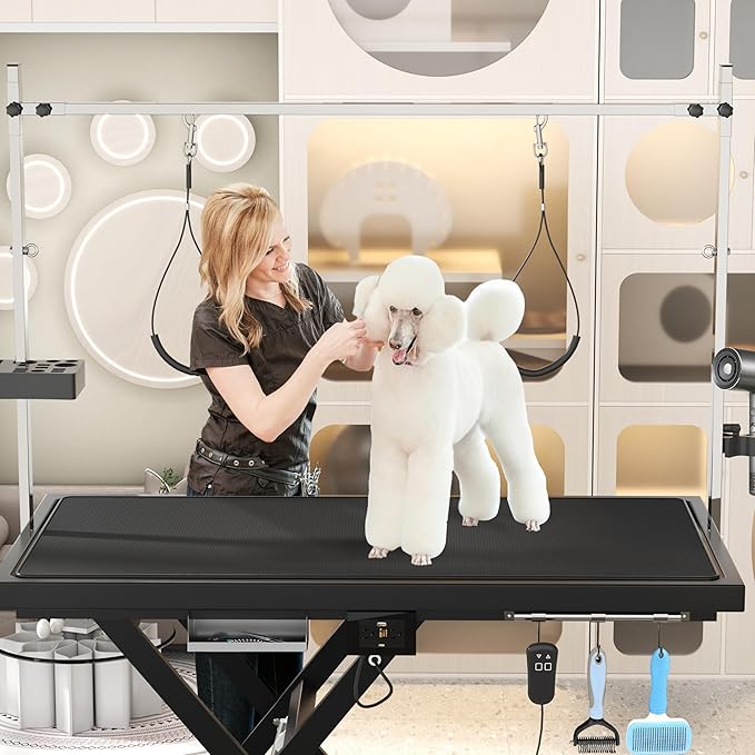 Electric Pet Grooming Table for Large Dogs - Professional Heavy Duty Height Adjustable Pet Grooming Station with Anti Slip Tabletop, Two Nooses & Tool Organizer, Maximum Capacity Up to 250 lbs Black-PurrikoPets