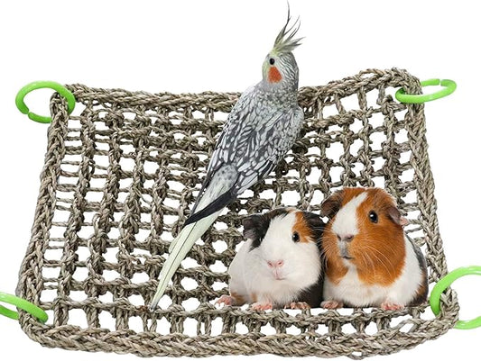 16 x 12 Inches Bird Seagrass Mat, Natural Seagrass Woven Net, Bird Hammock Mat with Hooks, Bird Cage Accessories, Climbing Rope Ladder Chew Toys for Cockatiel Hamster Guinea Pig Rats Hamster Parakeet-PurrikoPets