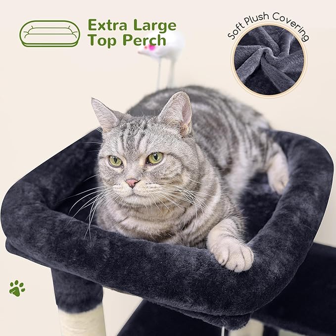 Globlazer Cat Tree Tower for Indoor Cats, 50-inch Adult Cat Tree House for Large Adult Cats with Steps, Scratching Post, 2 Cat Caves, Dangling Toys, FC50, Dark Grey-PurrikoPets