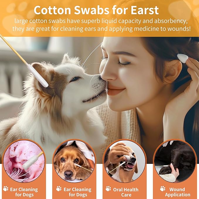 100 PCS 6 Inch Long Cotton Swabs in Box - Professional Large Cotton Swabs with Bamboo Handle - Double Sided Dog Ear Swabs - Specially Designed Big Cotton Swabs for Dog Ear, Cleaning Solution-PurrikoPets