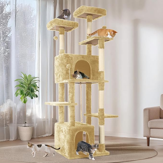 69in Large Cat Tree Tower for Indoor Cats with Soft Plush Hang Ball, Two Condos, Sisal Scratch Posts & Rope Play for Kittens/Adult Cats, Beige-PurrikoPets