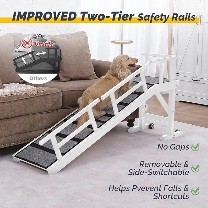 Dog Ramp for Bed or Couch, Wooden Pet Ramp with 20° Gentle Slope, Removable Side Rails, Non-Slip Surface, Top Platform & Wheels, Safe Bed Ramp for Small, Medium & Senior Dogs, 60" Long, White-PurrikoPets