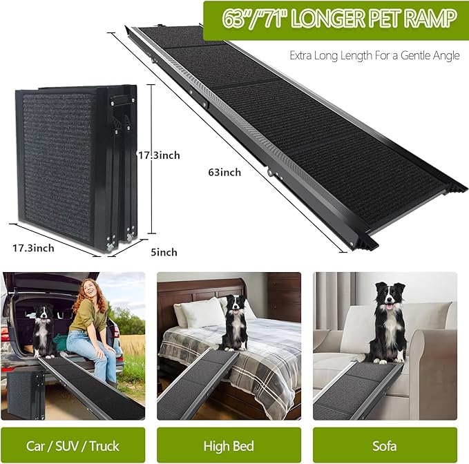 Dog Ramp for Cars SUV Truck-17.3x71in Heavy Duty Foldable Wide Outdoor Pet Stairs with Non-Slip Surface Portable Folding Design for Large Dogs Up to 250lbs (63" L x 17.3" W)-PurrikoPets