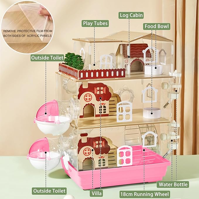 17 in 1 Clear Acrylic Hamster Cage with All Accessories,13.5''L* 10''W* 21''H Dwarf Hamster Cage,Magnetic Connection Small Hamster Enclosure,Garden Style Wooden Mouse Cage for Pet Mice(3-Layer,Pink)-PurrikoPets
