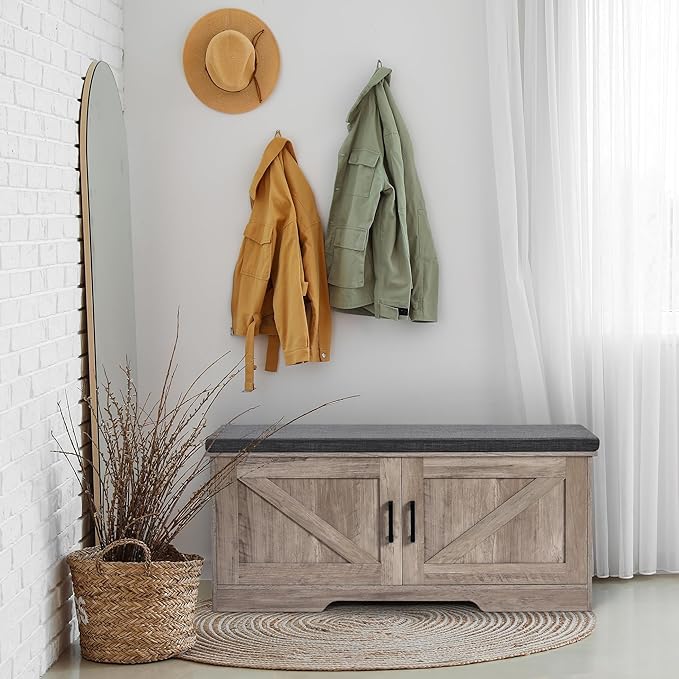 2-Tier Storage Bench, Shoe Bench with Padded Seat Cushion, Entryway Bench with 2 Barn Doors, Adjustable Shelf, 13.8" D x 39.4" W x 17.7" H, for Entryway, Living Room, Bedroom, Greige-PurrikoPets