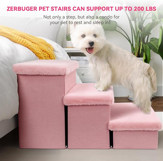 Dog Stairs with Furry Lids 18" H, 3-Step Wider Dog Steps with Storage for Small/Medium/Large Dogs Cats, Folding Sturdy Pet Stairs Climbing Bed or Sofa, Ramp for Car Hold Up to 200 lbs, Pink-PurrikoPets