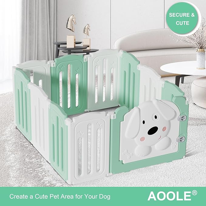 Foldable Dog Play Pen Indoors, Non-Slip Sturdy Puppy Playpen with Door, 25.5" H 10-Panel Adjustable Shape Dog Fence Pen for Small/Medium Dogs, Thickened, Easy to Store, White+Green-PurrikoPets