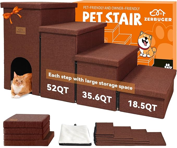 Dog Stairs with Condo 23" H, 4-Step Wider Dog Steps for High Beds Window, Folding Storage Pet Stairs Gift for Small/Medium/Large Old Dogs Cats, Ramp for Climbing Car Hold Up to 200 lbs, Brown-PurrikoPets