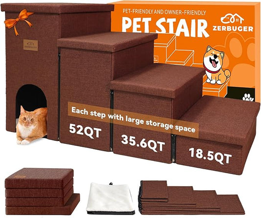 Dog Stairs with Condo 23" H, 4-Step Wider Dog Steps for High Beds Window, Folding Storage Pet Stairs Gift for Small/Medium/Large Old Dogs Cats, Ramp for Climbing Car Hold Up to 200 lbs, Brown-PurrikoPets