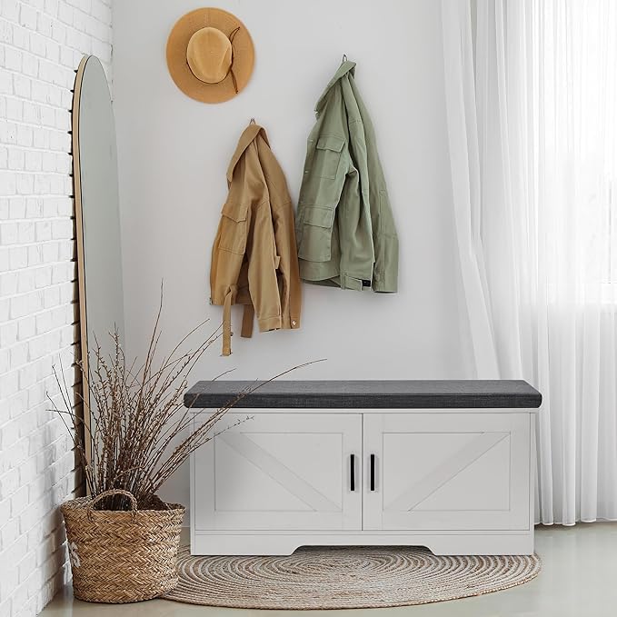 2-Tier Storage Bench, Shoe Bench with Padded Seat Cushion, Entryway Bench with 2 Barn Doors, Adjustable Shelf, 13.8" D x 39.4" W x 17.7" H, for Entryway, Living Room, Bedroom, White-PurrikoPets