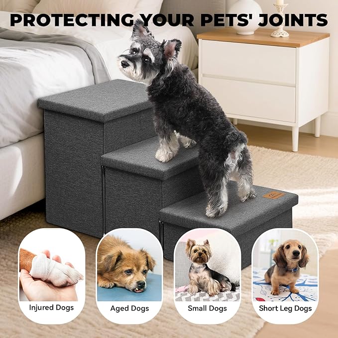 Dog Stairs with Storage 18" H, 3-Step Wider Dog Steps for Small/Medium/Large Old Dogs Cats, Folding Sturdy Pet Stairs Climbing Bed Couch, Ramp for Car Hold Up to 200 lbs (Dark Grey, No Condo)-PurrikoPets