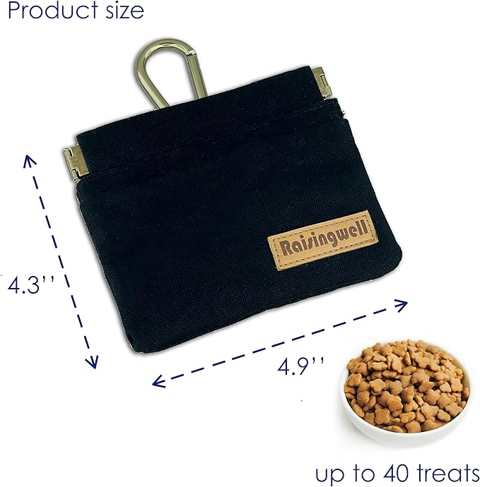 Dog Treat Pouch, Black Pocket Sized Pet Training Pouch, Cotton Fabric, Hand Free Dog Walking Bag with Carabiner, Self-Closing Pet Feed Snack Reward, for Pet Puppy Travel or Outdoor Use-PurrikoPets