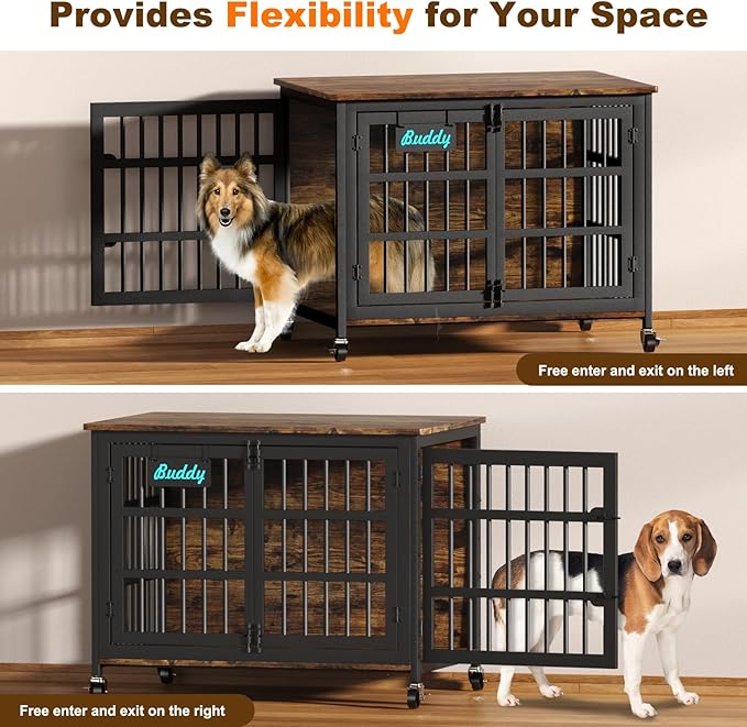 EasyCom 41"/33"/27" Dog Crate Furniture with Name Tag, Heavy Duty Dog Kennel Indoor for Medium Dogs, Double-Doors Sturdy Metal Dog Cage for Anxiety Dog, Decorate House as TV Stand, End Table-PurrikoPets