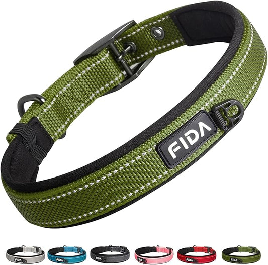 Fida Heavy Duty Dog Collar for Medium Dogs, Ultra Comfortable Soft Neoprene Padded, Adjustable Reflective Nylon Pet Collar with Durable Metal Belt Buckle for Medium Breeds (M, Green)-PurrikoPets