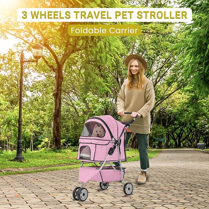 3-Wheels Pet Strolling Cart for Small Medium Dogs and Cats with Storage Basket,Holder, Foldable Pet Stroller with Waterproof Cover, Breathable Mesh for All-Season, Pink-PurrikoPets