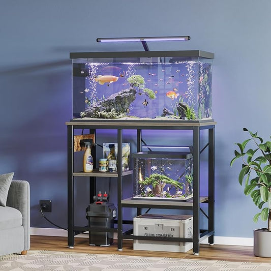 20-29 Gallon Fish Tank Stand with Power Outlets, 30.7 x 13.8 Metal Aquarium Stand with 3-Tiers Adjustable Storage Shelves, 6-Legs Reptile Terrarium Stand, 400 LBs-PurrikoPets