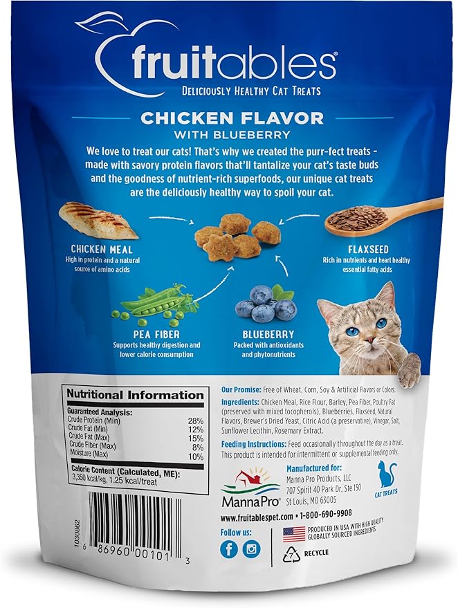 Fruitables Cat Treats Crunchy Cat Treats Packed with Protein Healthy Low Calorie Free of Wheat, Corn and Soy Made with Real Chicken and Blueberry 30 Ounces-PurrikoPets
