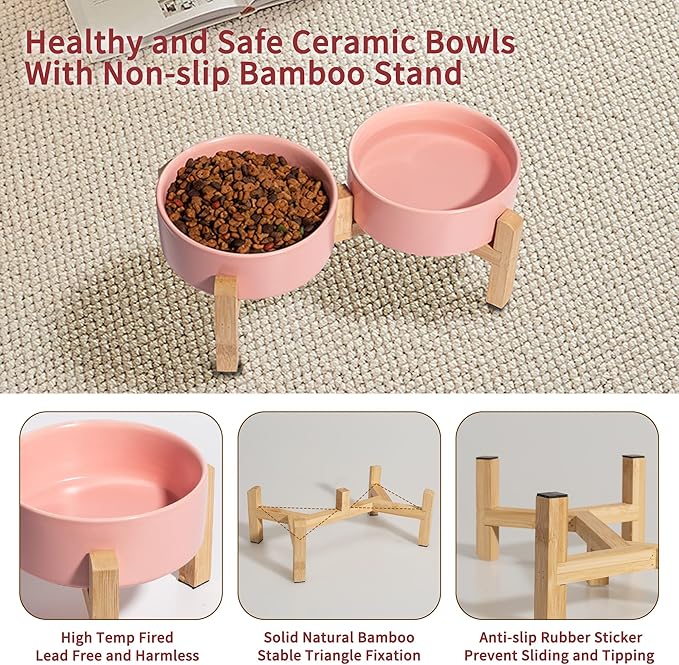 Elevated Ceramic Dog Bowl Set - Raised Feeding Bowls with Non-Slip Bamboo Stand - Small Pet Dishes for Food and Water - Ideal for Cats and Puppies - 16.23 OZ - 2 Cups - 480 ML-PurrikoPets
