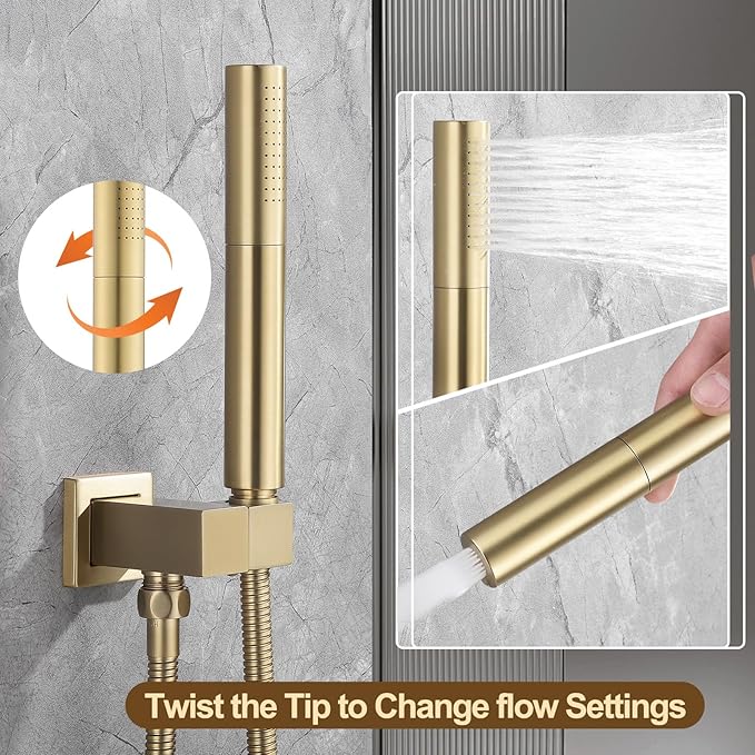 12 Inch Rain Shower System, Brushed Gold Shower Faucet Set with Push Button Diverter, 6 Inch Wall Mounted 3-Functions Bathroom Shower Systems with Dual-Function Handheld (Thermostatic, Gold Brushed)-PurrikoPets