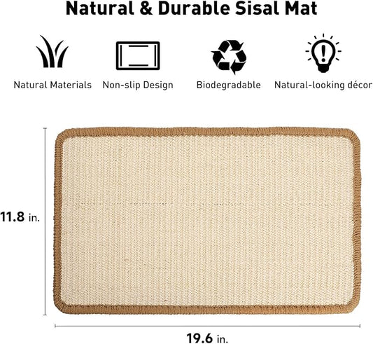 FUKUMARU Cat Scratcher Mat, 19.6 X 11.8 Inch Natural Sisal Cat Scratch Mats, Horizontal Cat Floor Scratching Pad Rug, Protect Carpets and Sofas - Beige-PurrikoPets