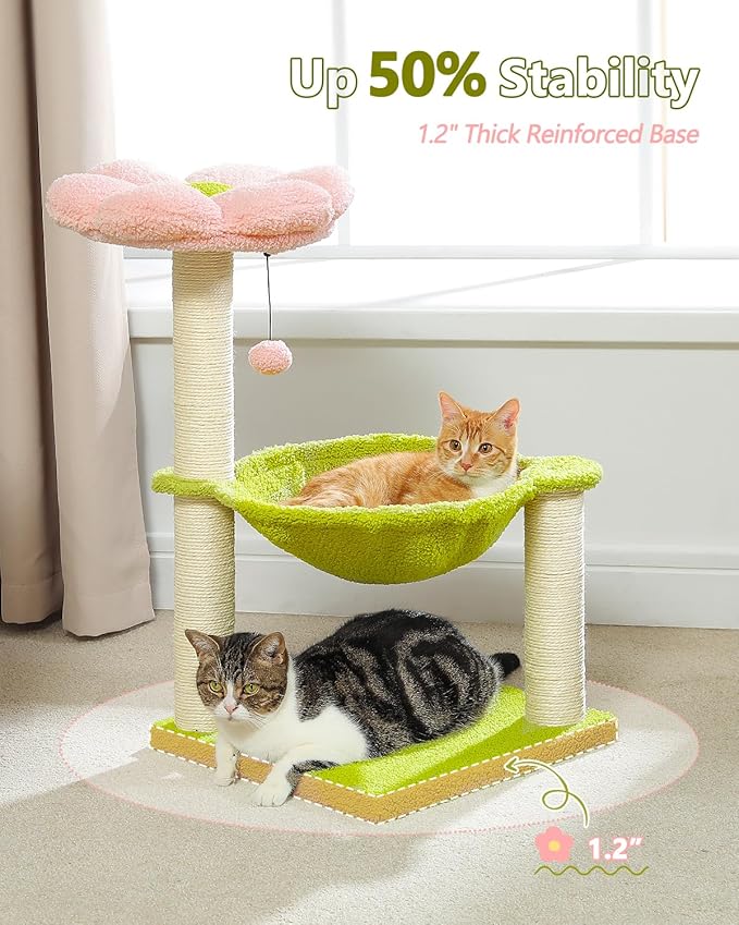 Flower Cat Tree, 28" Cat Tower with Cozy Flower Perch, Large Hammock for Indoor Small Cats, Cute Cat Tree with Sisal Scratching Post and Fur Toy Ball for Kittens, Pink-PurrikoPets