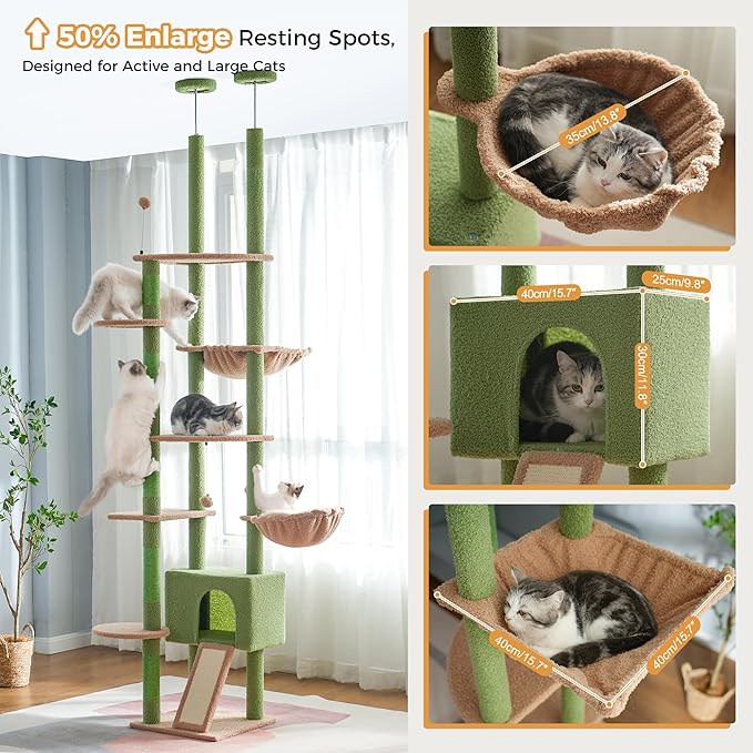 Floor to Ceiling Cat Tree Tall Cat Tower with Adjustable Height (81.8-108 Inches) with Fully Scratching Post Private Condo and Hammock for Indoor Cats (Green, Triple Dule Posts)-PurrikoPets