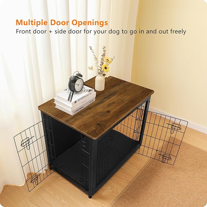 DWANTON Dog Crate Furniture with Cushion, Wooden Kennel Table with Double Doors, Indoor Dog House, Medium Size, 32.5" L, Black+Warm Brown-PurrikoPets