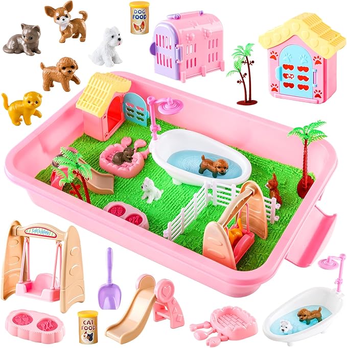 21 PCS Pet Sensory Bin, Dog & Cat Sandbox with Sand & Box, Play Sand Art Toys Kit, Pet Care Play Set, Beach Toys for Kids Ages 4-8, Birthday Gift Girls Boys 3 4 5 6 7 Years Old-PurrikoPets
