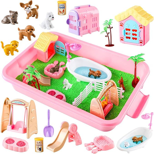 21 PCS Pet Sensory Bin, Dog & Cat Sandbox with Sand & Box, Play Sand Art Toys Kit, Pet Care Play Set, Beach Toys for Kids Ages 4-8, Birthday Gift Girls Boys 3 4 5 6 7 Years Old-PurrikoPets