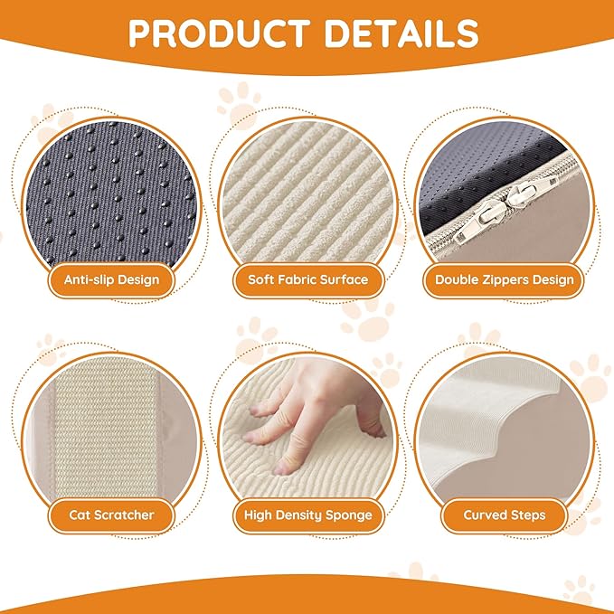 Dogs Steps for Bed, Dog Stairs for Small Dogs, 4-Step Dog Ramp for Bed, Couch, Sofa, and Chairs, Non-Slip Bottom Design, Cat Scratching, High Density Foam Portable Pet Step, Indoor, Beige-PurrikoPets