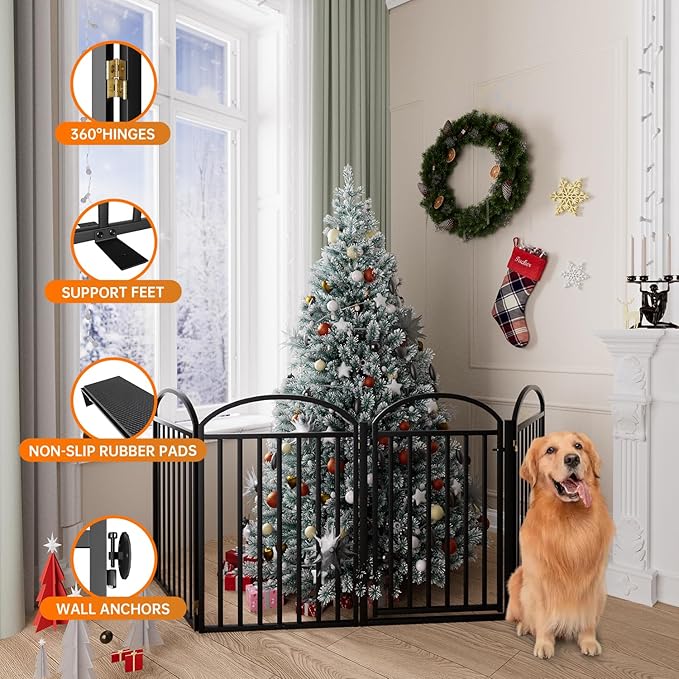 4 Panles Full Matel Freestanding Dog Gates with Door, 96"Extra Wide 32"Tall Free Standing Dog Pet Gate for Indoor & Outdoor. Foldable Pet Fences for Doorways, House, Stairs, Porch, Deck, Yard-PurrikoPets