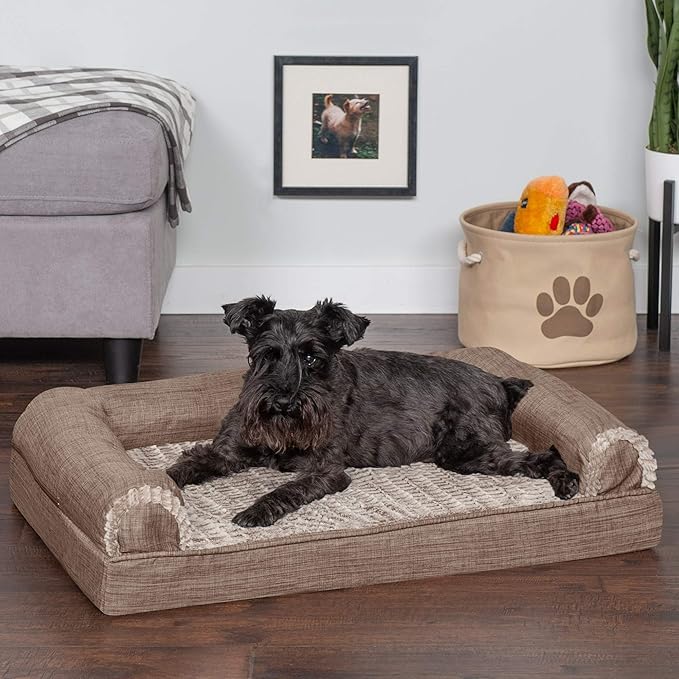 Furhaven Cooling Gel Dog Bed for Medium/Small Dogs w/ Removable Bolsters & Washable Cover, For Dogs Up to 35 lbs - Luxe Faux Fur & Performance Linen Sofa - Woodsmoke, Medium-PurrikoPets