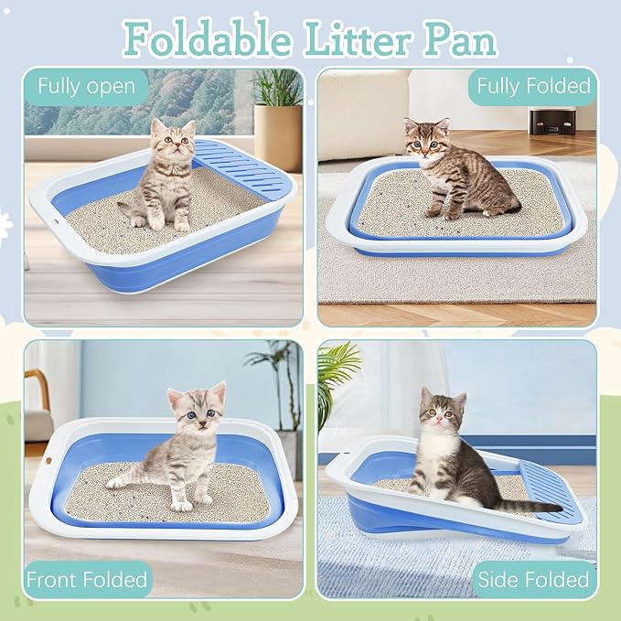 Fhiny Cat Litter Box Portable Shallow Litter Box 17.7"x13.4"x4.9" Foldable Cat Toilet with Scoop Open Kitty Potty Pan with Litter Drop Pedal Easy to Clean Travel Kitten Toilet(Blue)-PurrikoPets