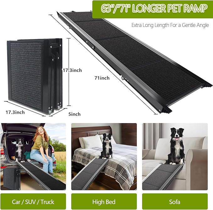 Dog Ramp for Cars SUV Truck-17.3x71in Heavy Duty Foldable Wide Outdoor Pet Stairs with Non-Slip Surface Portable Folding Design for Large Dogs Up to 250lbs (71" L x 17.3" W)-PurrikoPets