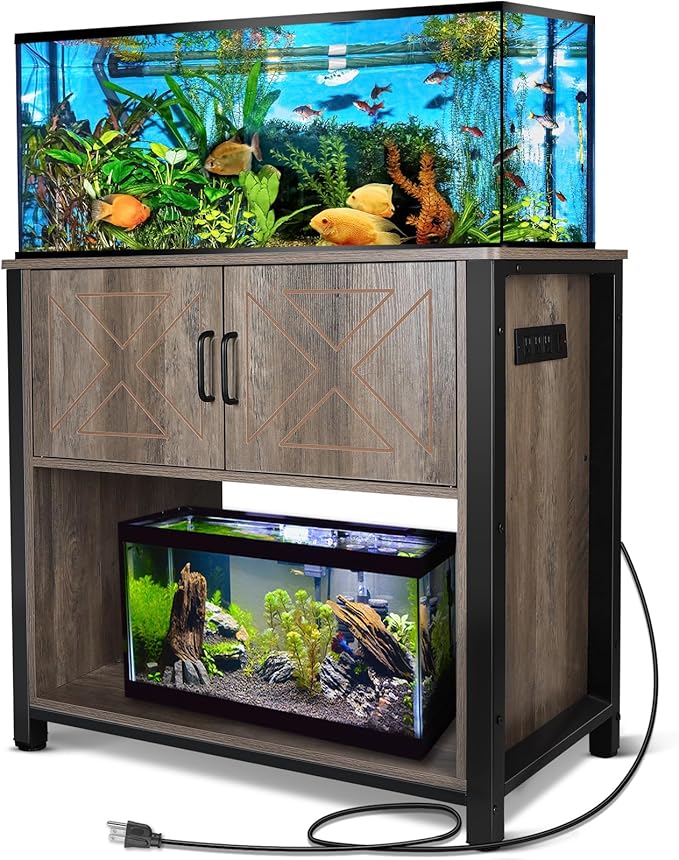 40 Gallon Aquarium Stand with Cabinet & Power Outlets, Heavy Duty Metal Stand for 40-50 Gallon Breeder & Turtle Tanks, Double Terrarium Stand, 660LBS Capacity, Grey-PurrikoPets