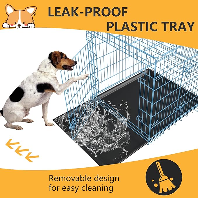 FDW Dog Crate for Medium Dogs 36 Inch Folding Metal WirePet Cage Double Door W/Divider Panel Indoor Outdoor Kennel Leak-Proof Plastic Tray,Blue-PurrikoPets