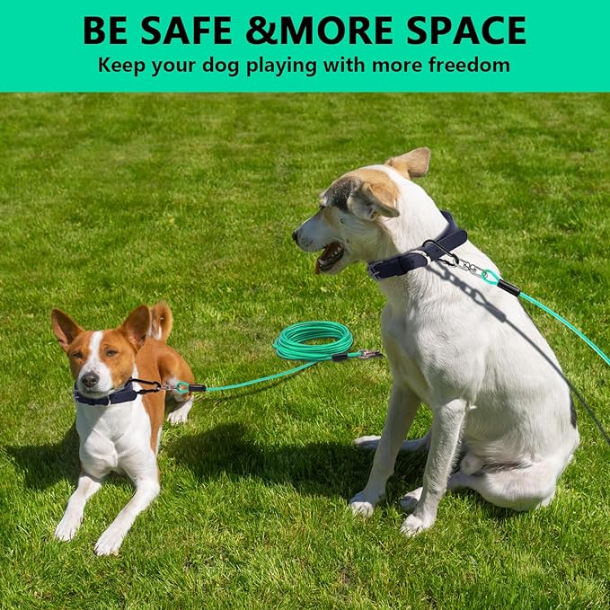 Dog Tie Out Cable 15FT-500Lbs,Heavy Duty Dog Leads&Tether for Yard with Swivel Hook,Small Large Dogs Leash Line for Outside,Rust Chew Proof Dogs Run Cable for Outdoor Camping (Green Cyan, 15FT)-PurrikoPets