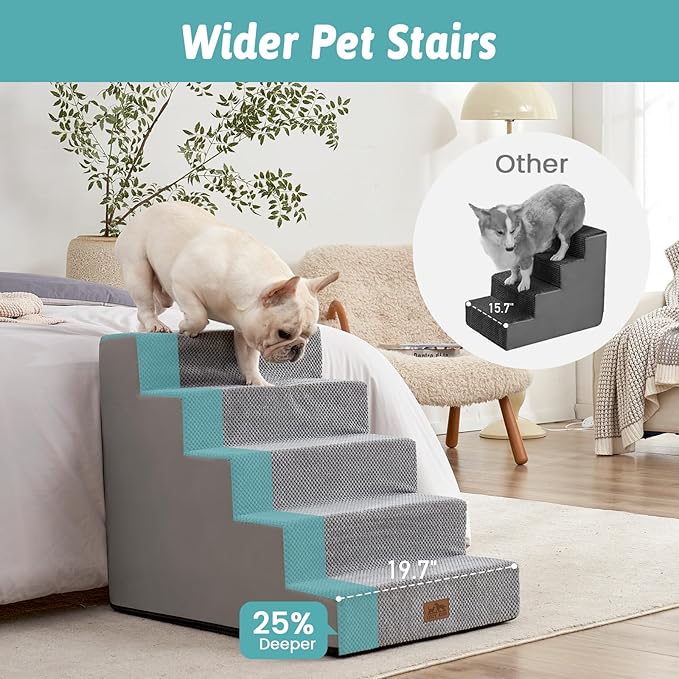Dog Stairs for Small Dogs, 5 Tier Wider Pet Stairs for High Beds, 23.6" H Non-Slip Dog Steps for Old Cats, Puppies, Small Medium Dogs, 29.5x19.7x23.6 inch, Grey-PurrikoPets