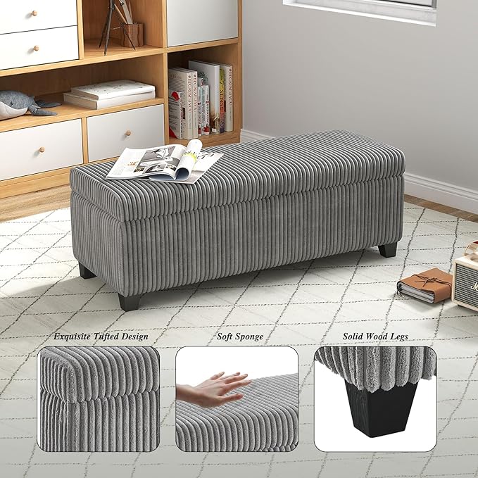 48" Ottoman with Storage, Corduroy Storage Ottoman Bench for Bedroom, End of Bed Bench with Safety Hinge for Living Room, Bedroom, Entryway, Grey-PurrikoPets