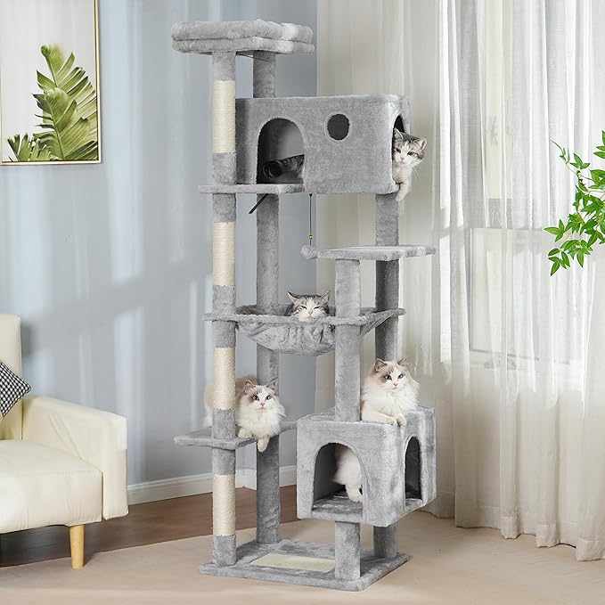 72” Cat Tree for Large Cats Big Cat Tower with Enlarged Hammock 21.6x17.7” Spacious Cats Condo House and Roomy Top Bed and Multiple Scratch Posts for Indoor Adult Cats (Grey, XLarge-72)-PurrikoPets