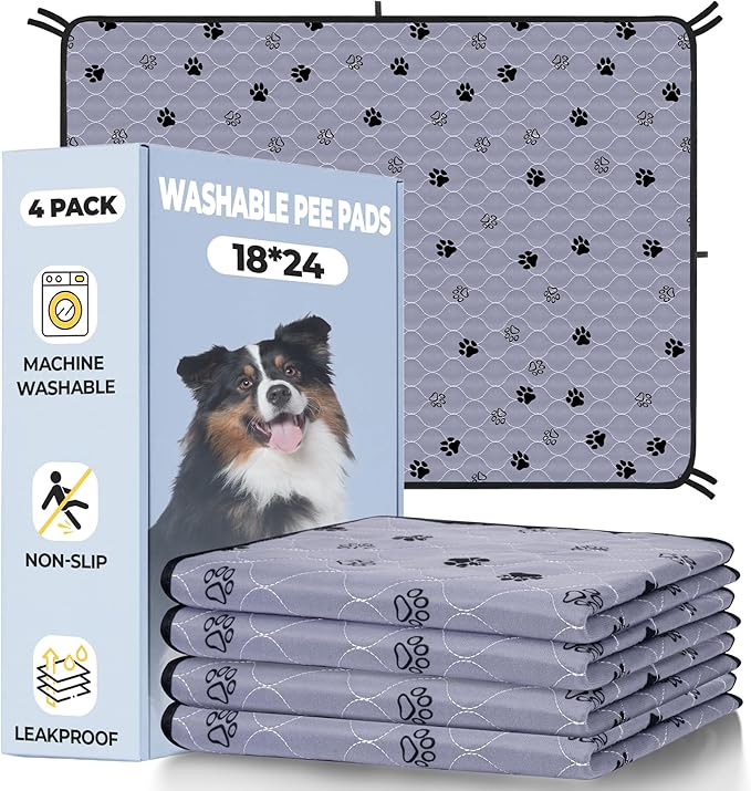 Fostanfly Washable Pee Pads for Dogs, Ultra-Absorbent & Leakproof Reusable Puppy Pads Non-Slip Protects Against Urine Leakage for Potty Training-4 Pack 18"x24" Add 8 Lanyards-PurrikoPets