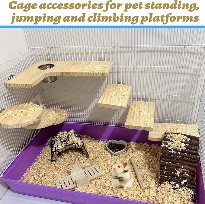 8 Pcs Wooden Hamster Cage Platform Set Wood Juvenile Chinchilla Shelves, Squirrel L-Shape Corner Ledge with Hole Cooling Standing Board Rat Cage Accessories for Gerbil Small Animal Climbing-PurrikoPets