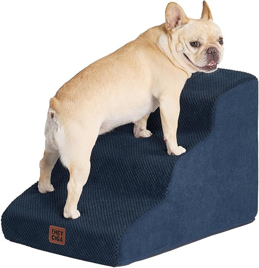 EHEYCIGA Curved Dog Stairs Ramp for Small Dogs 15.7" H, 3-Step Dog Steps for Couch Sofa and Chair, Pet Stairs for Cats, Non-Slip Balanced Pet Steps Indoor, Navy-PurrikoPets