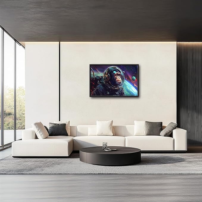 Framed Large Monkey Astronaut Wall Art, Oversized Chimpanzee Spacemen Wall Decor for Living Room, Outer Space Canvas Painting Pictures Modern Artwork for Living Room Bedroom Office 36"x24"-PurrikoPets