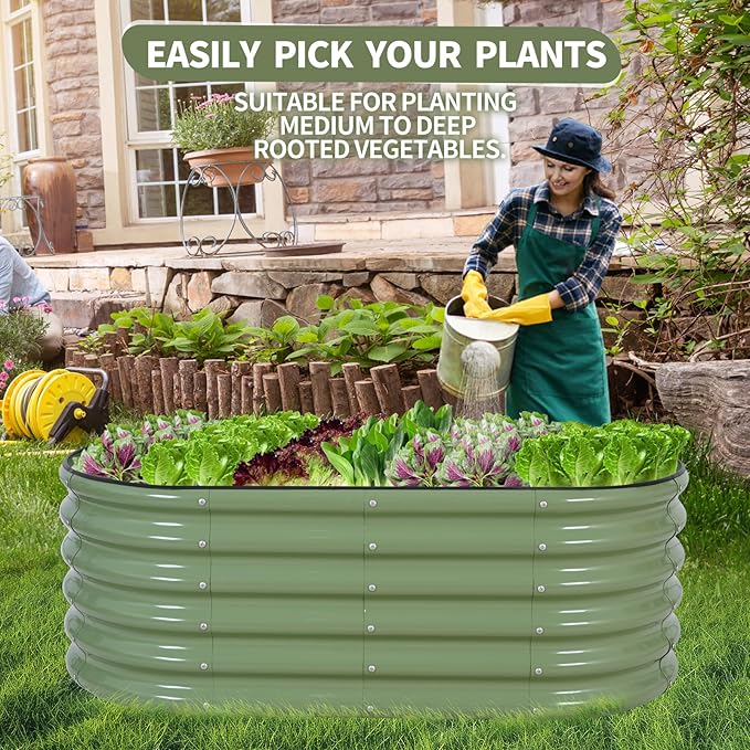 Galvanized Raised Garden Bed - 4x2x1.4FT Metal Planter Boxes Outdoor | Oval Steel Raised Bed Kit for Gardening with Protective Tape, Gloves for Vegetables, Flower, Herb (Green)-PurrikoPets