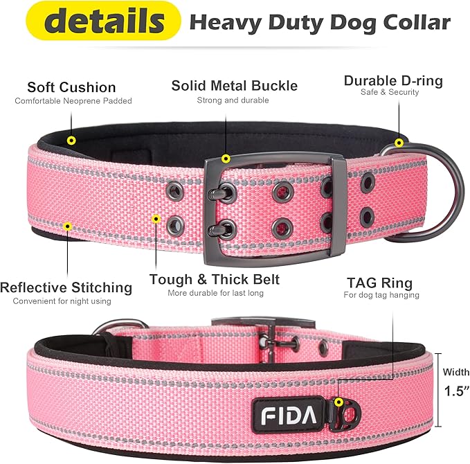 Fida Heavy Duty Dog Collar 1.5” Width, Ultra Soft Neoprene Padded, Adjustable Reflective Nylon Pet Collar with Two Metal Pin Belt Buckle for Large/X-Large Breeds (XL, Pink)-PurrikoPets